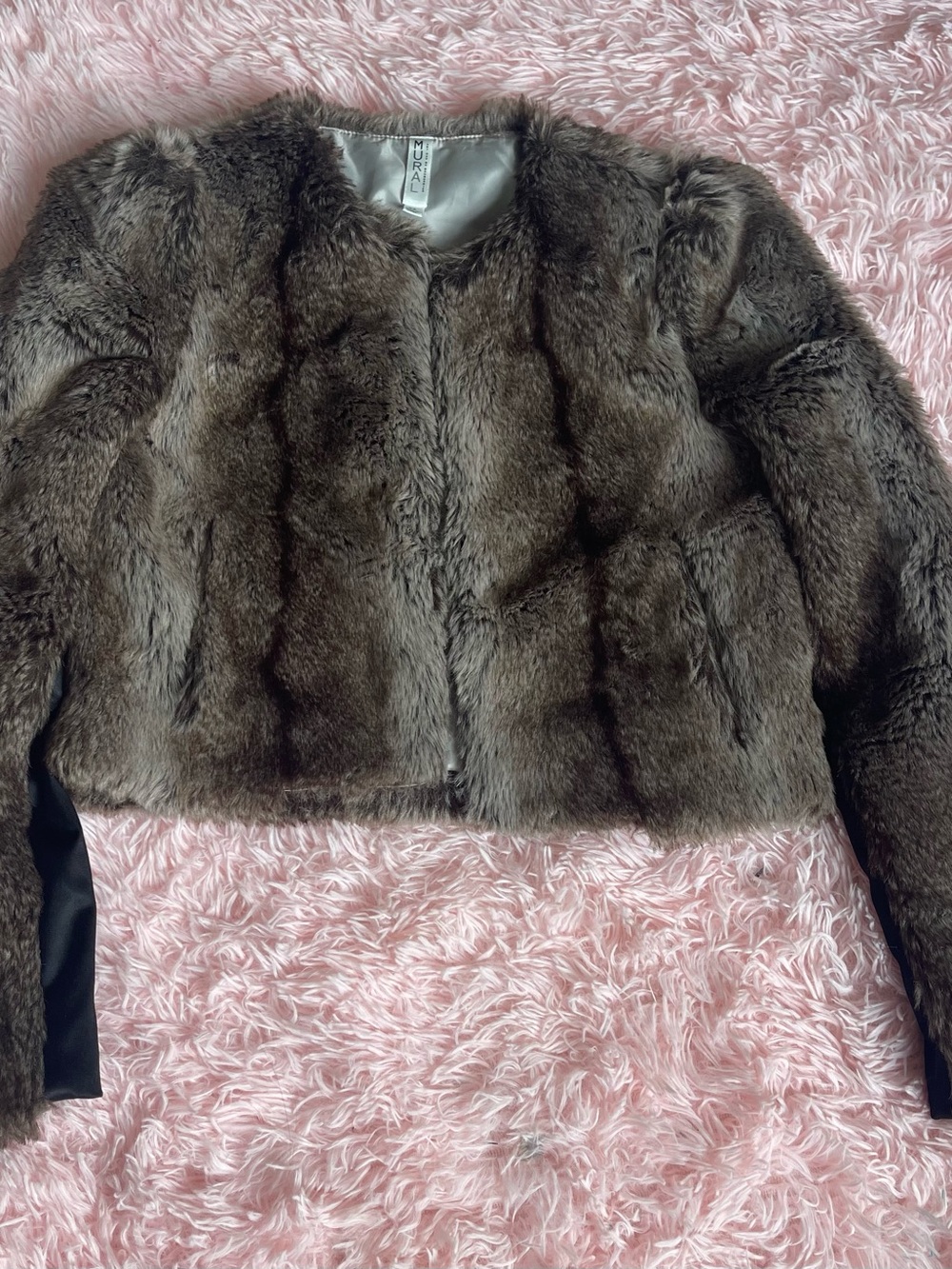 Mural Short Faux Fur Teddy Jacket in Dark Brown